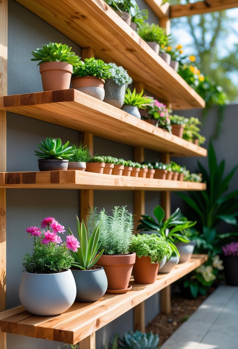 A set of sturdy cedar wood outdoor shelves holding various healthy potted plants in an outdoor garden setting.