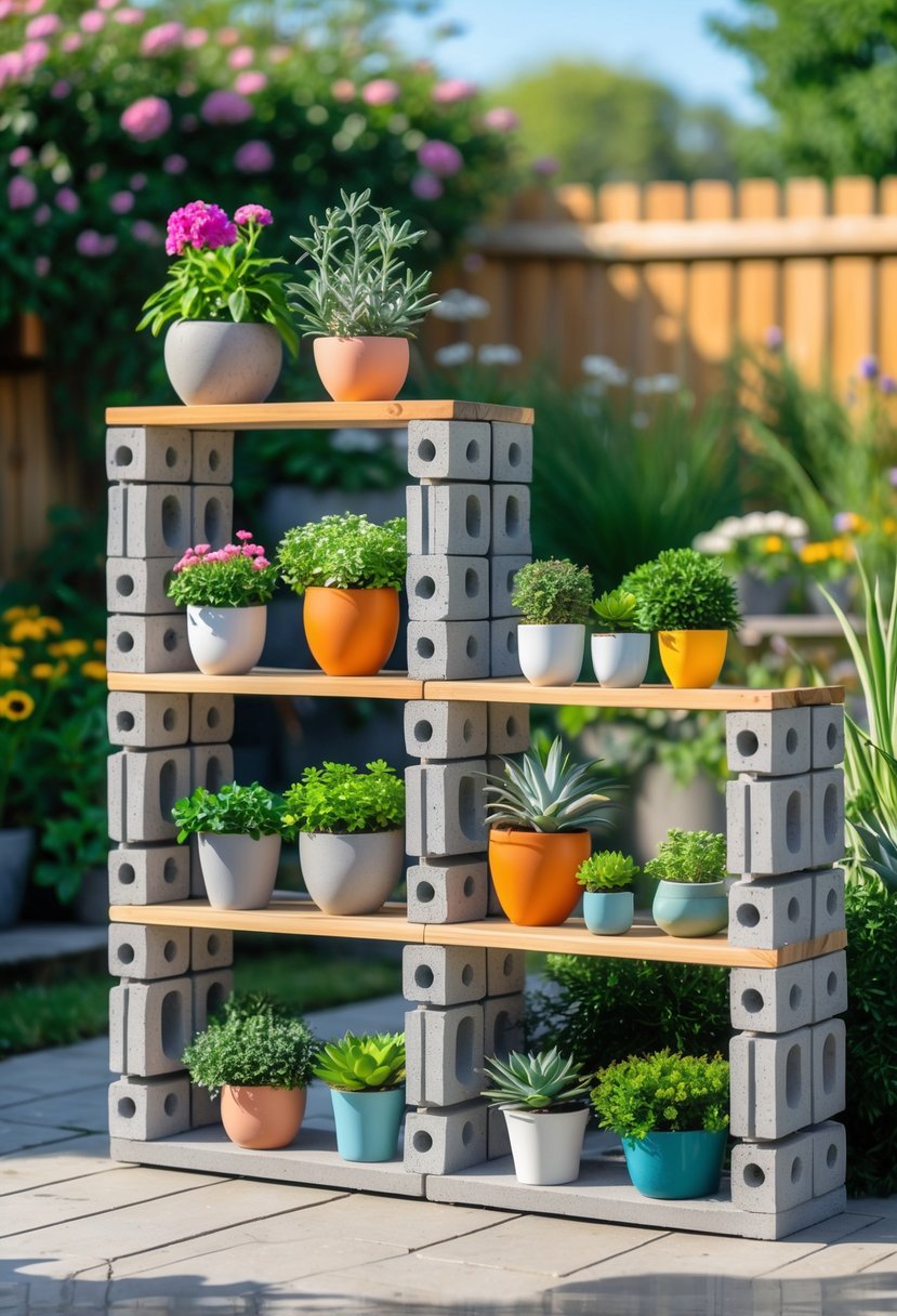Outdoor shelving made from cinder blocks and wooden planks holding various potted plants in a garden setting.