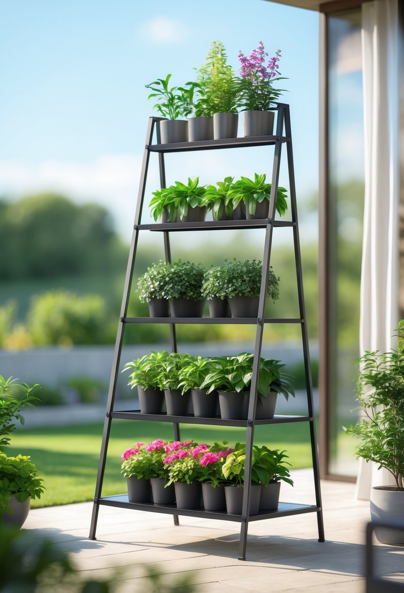 A metal frame ladder plant stand with 15 outdoor shelves holding various green plants and flowers in a garden setting.