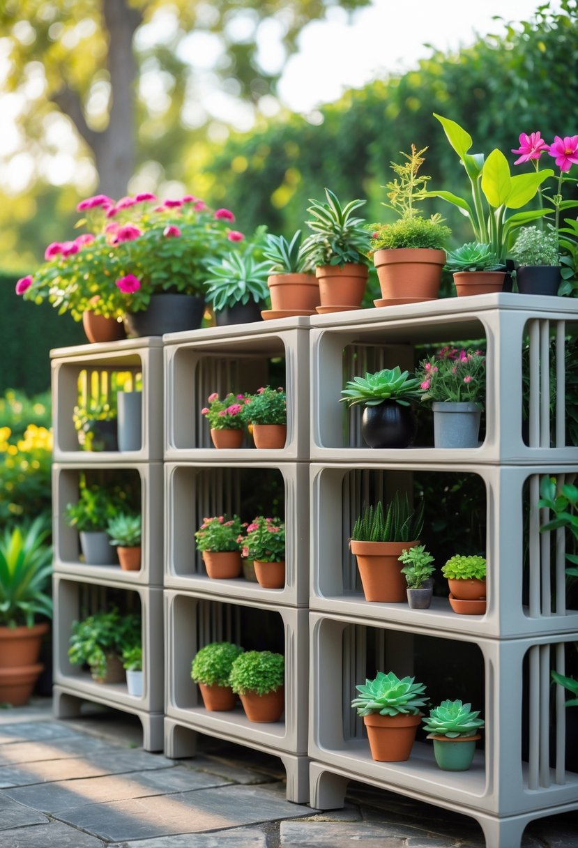 Outdoor resin composite shelves holding various potted plants in a garden setting.