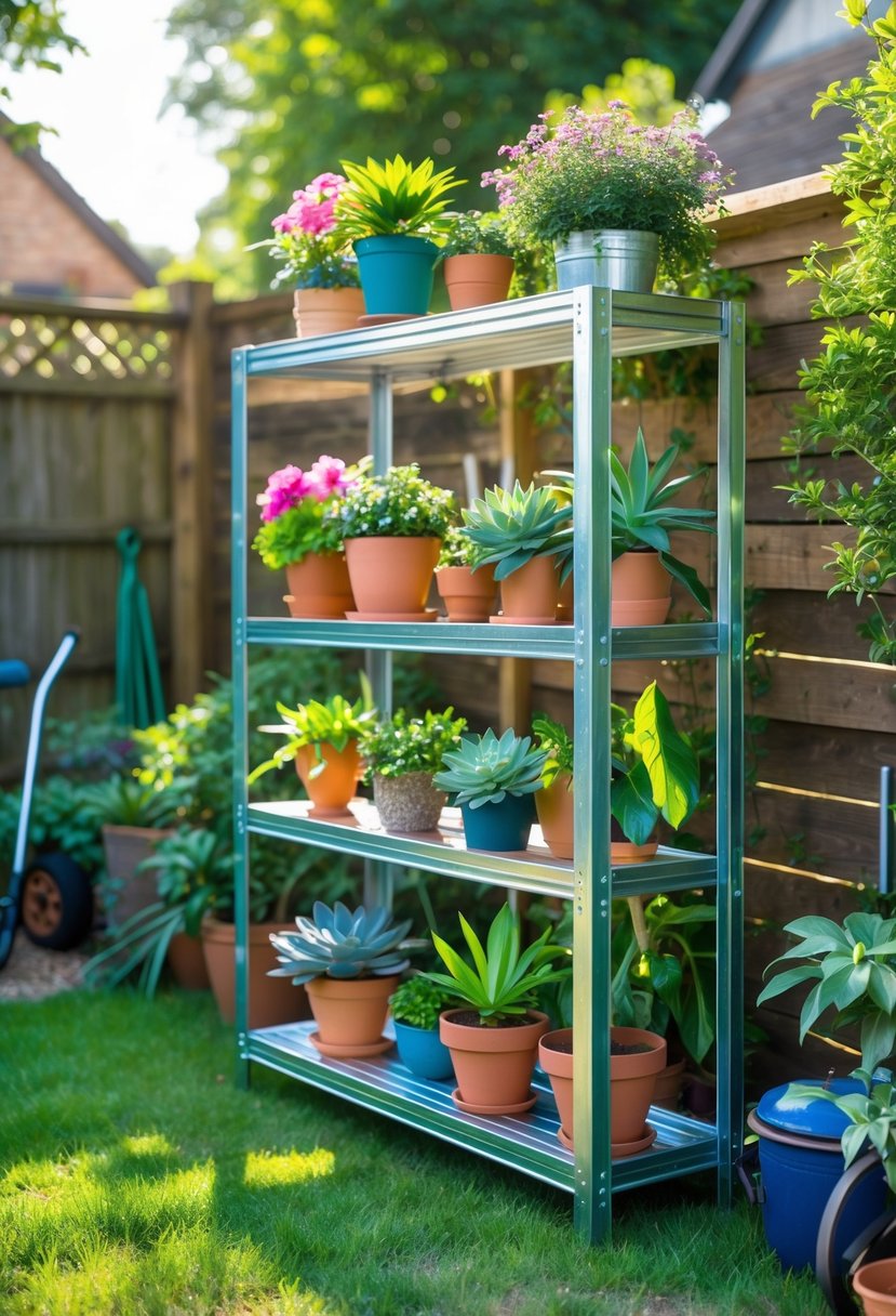 Galvanized steel outdoor shelving unit with multiple potted plants in a garden setting.