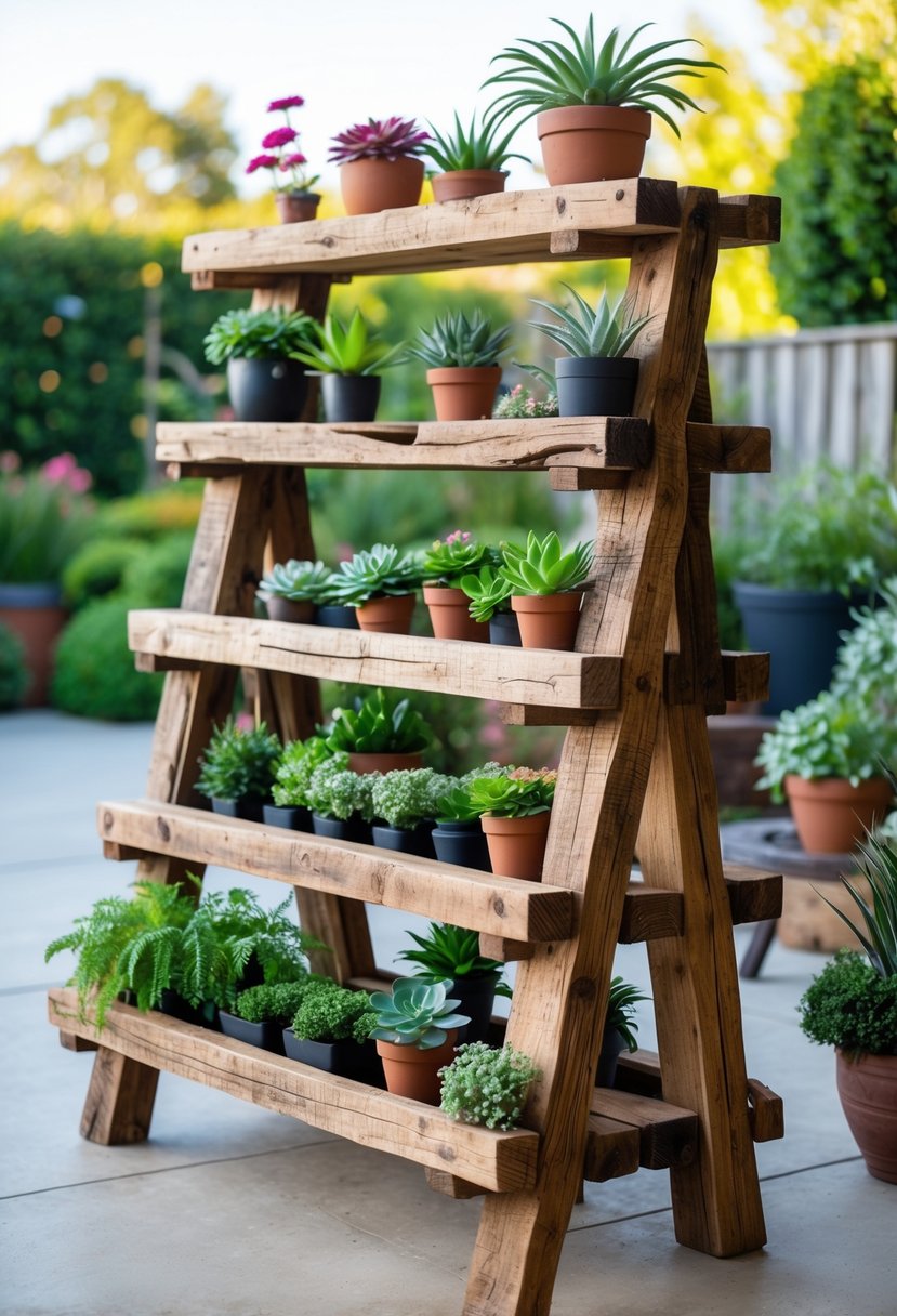 Multi-tier outdoor plant shelf made from reclaimed barn wood holding various potted plants in a garden setting.