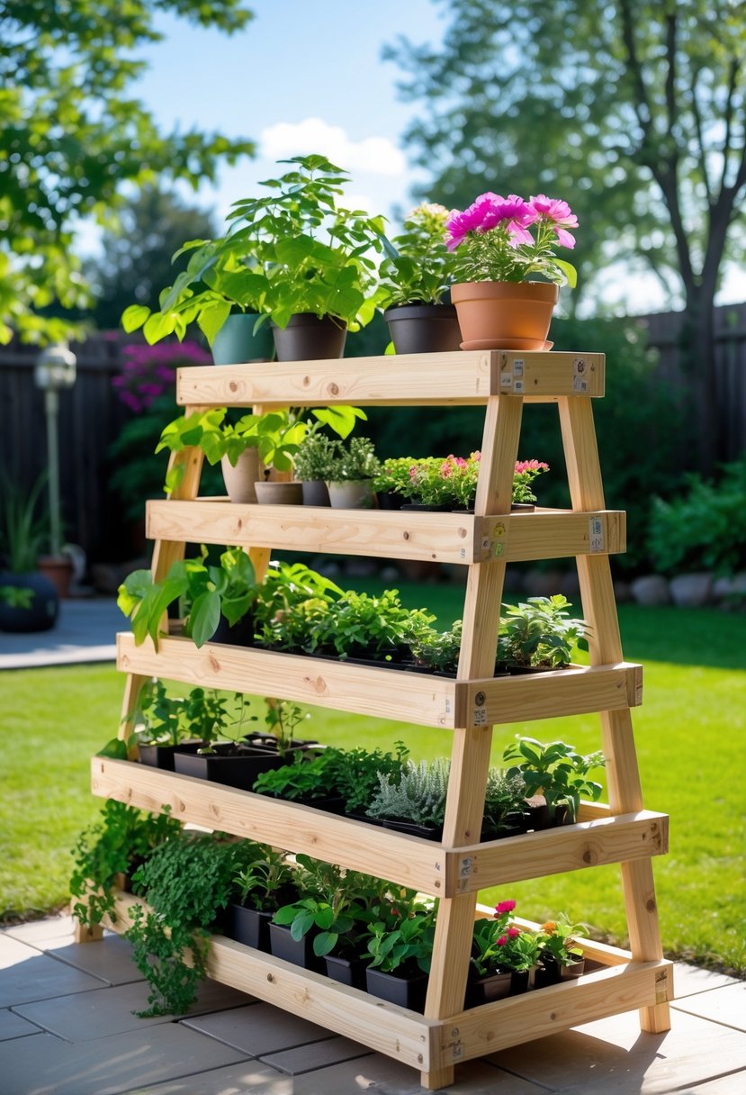 A large 15-tier outdoor plant shelf made of pressure-treated pine wood holding various green plants and flowers in a sunny garden.