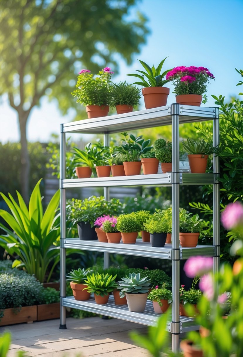 An outdoor aluminum plant shelf filled with various potted plants in a garden setting.