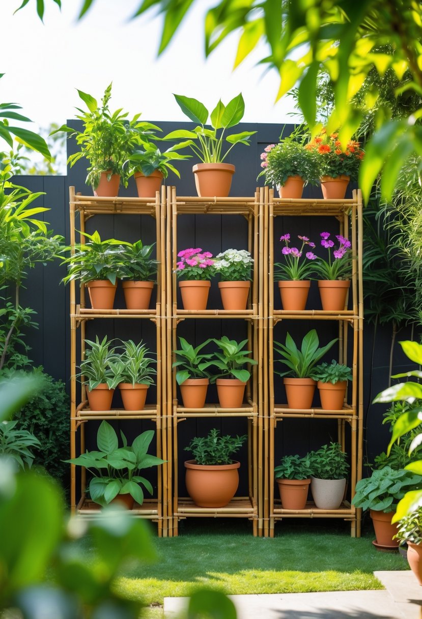 Outdoor garden with multiple modular bamboo plant display racks holding various green plants and colorful flowers.