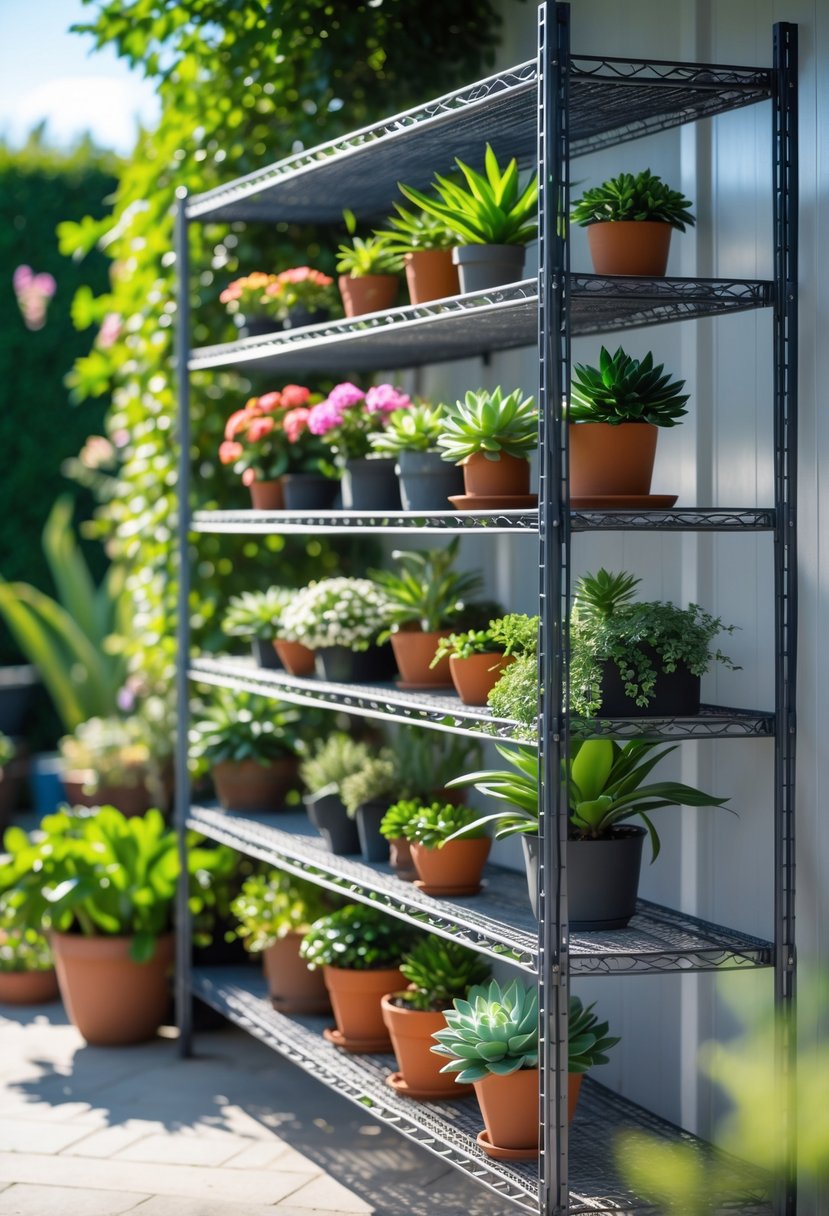 A heavy-duty wire mesh shelving unit outdoors holding various potted plants in a garden setting.