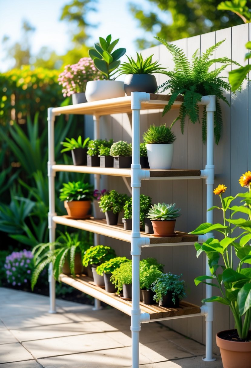 Outdoor plant shelf made from white PVC pipes and wooden slats holding various green potted plants in a sunny garden.