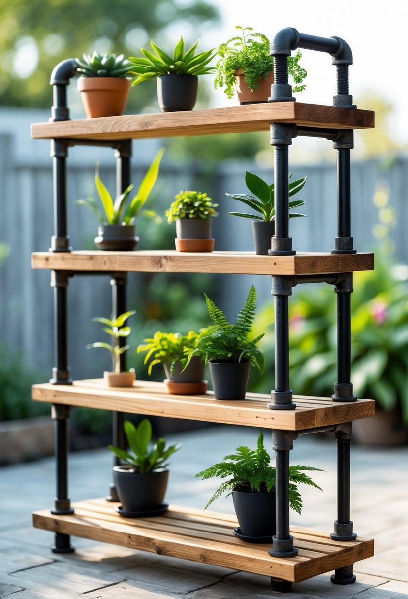An outdoor multi-tiered plant shelf made of black metal pipes and wooden planks holding various green potted plants.