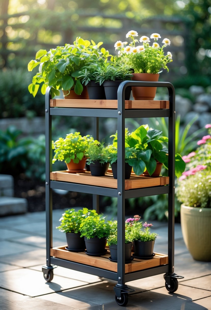 Outdoor rolling plant cart with multiple shelves holding various potted plants and flowers on a patio with locking wheels visible.