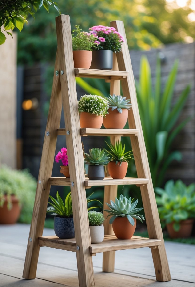 A wooden ladder with a weatherproof finish used as an outdoor plant shelf holding various potted plants in a garden setting.