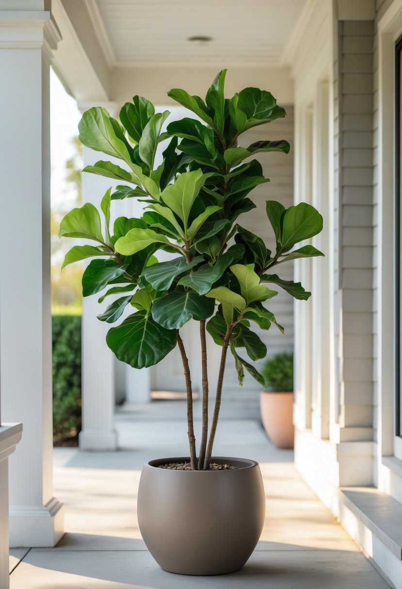 A tall fiddle leaf fig plant in a modern ceramic pot on a front porch.
