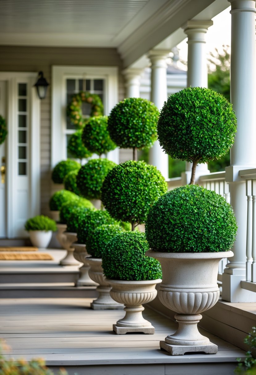 Fifteen green boxwood topiary spheres in classic urn planters arranged on a front porch with wooden flooring and a front door in the background.