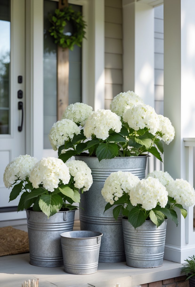 White hydrangea flowers in galvanized metal pots arranged on a front porch.