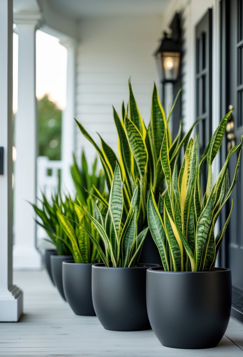A front porch with 15 snake plants in matte black pots arranged neatly along the wooden floor near the entrance.