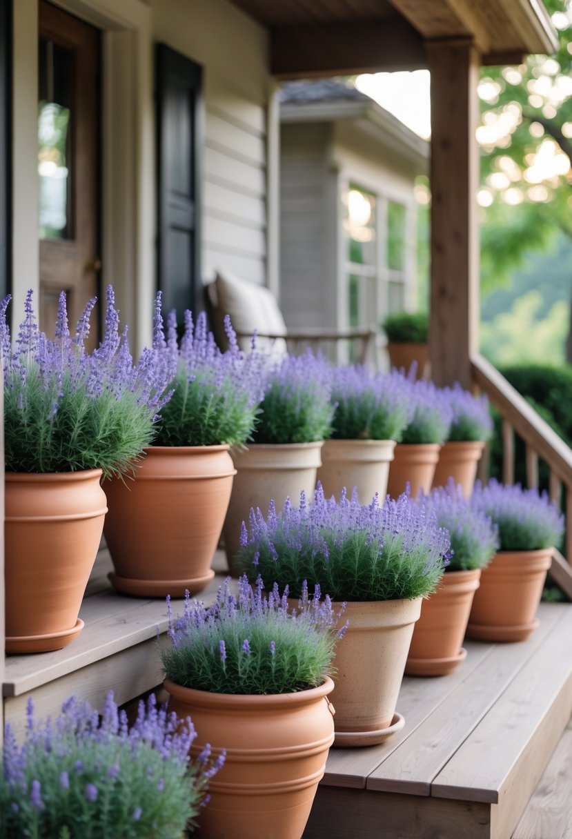 Front porch with fifteen terracotta pots filled with blooming lavender plants arranged along the steps and railing.
