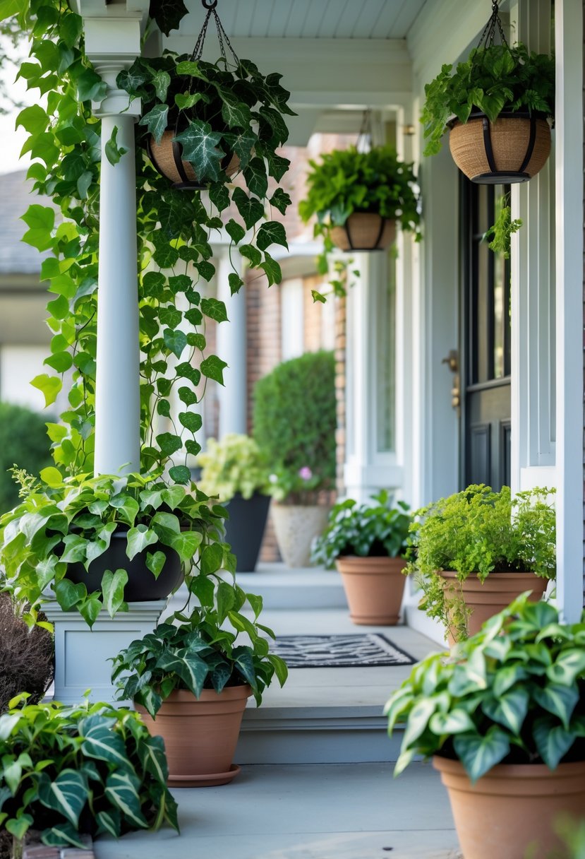 Variegated ivy cascading from hanging baskets on a front porch surrounded by multiple potted plants.