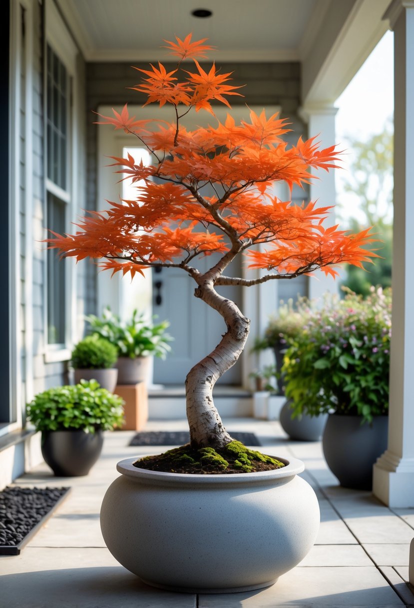 A Japanese maple bonsai tree in a stone pot on a front porch surrounded by other potted plants.