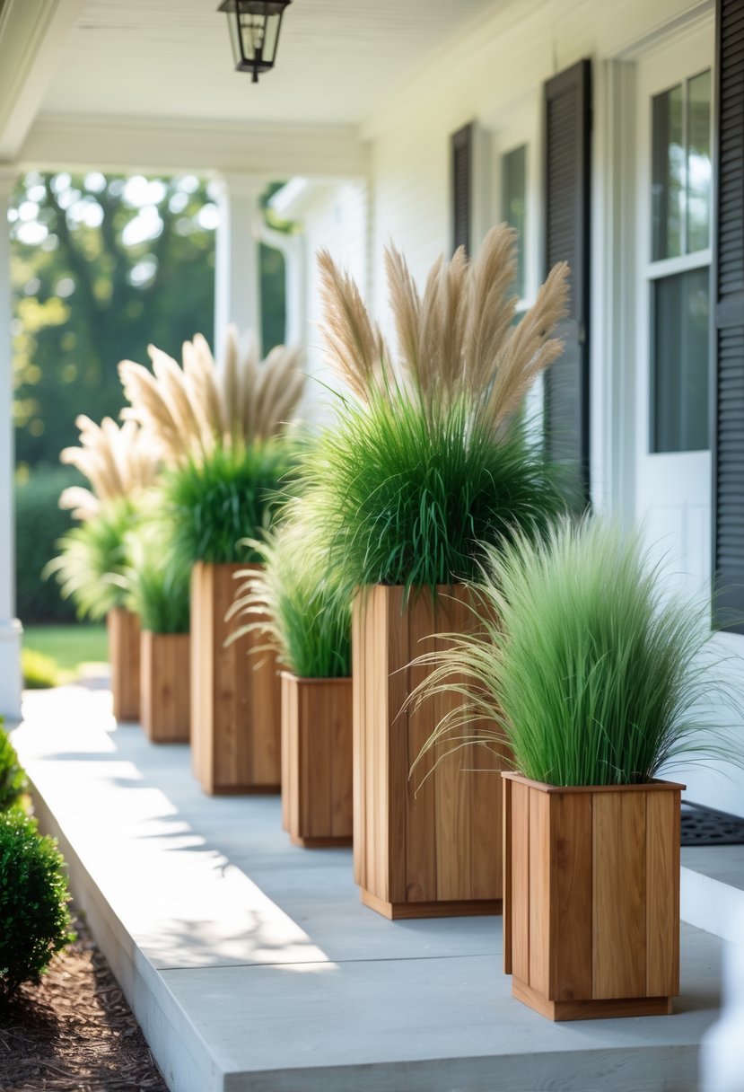 Front porch with tall wooden planters containing ornamental grasses arranged along the entrance.
