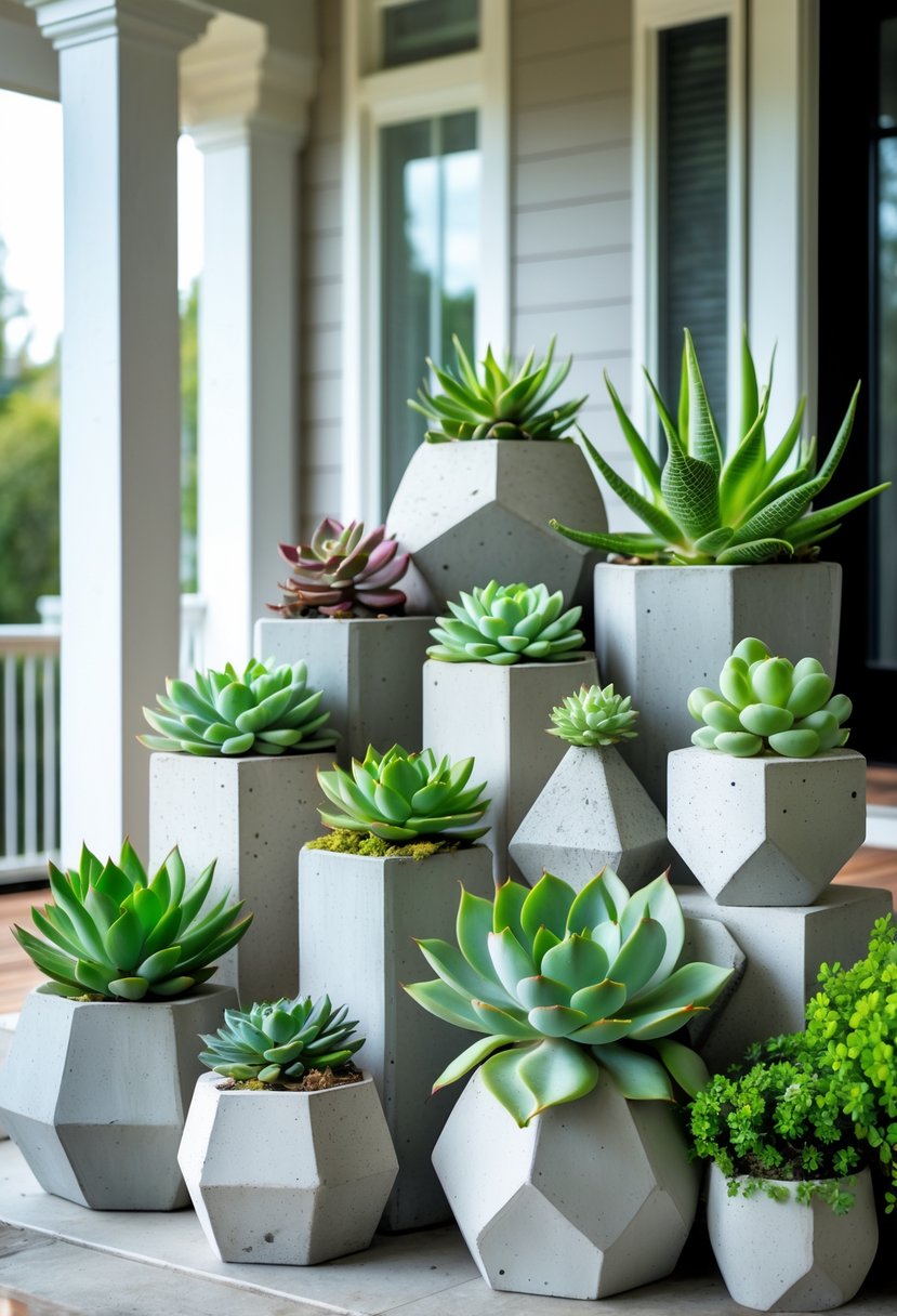 A front porch with fifteen geometric concrete pots containing various healthy succulent plants arranged neatly.