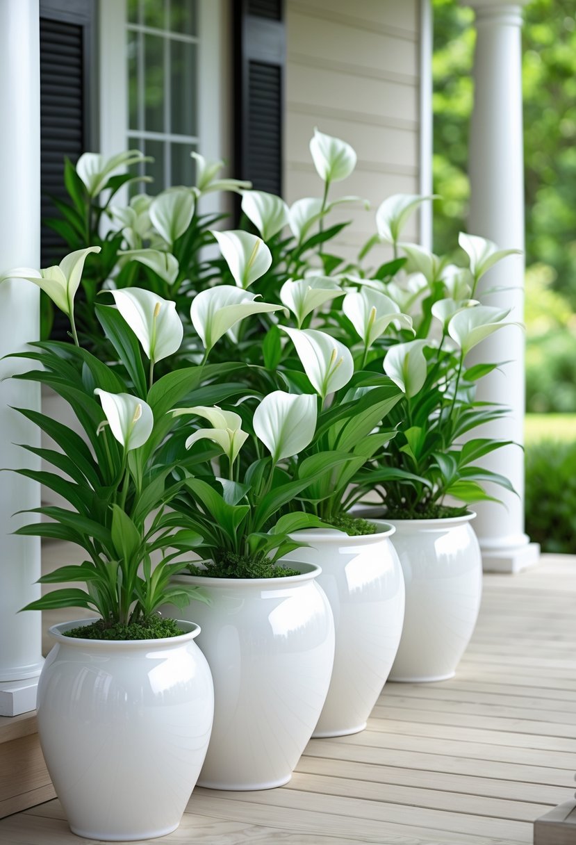 Fifteen peace lilies in white ceramic pots arranged on a front porch with wooden flooring and greenery in the background.
