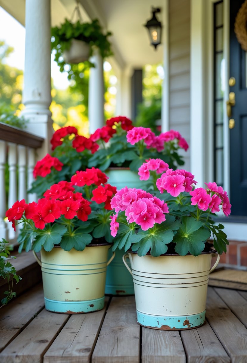Bright red and pink geranium flowers in vintage enamel buckets arranged on a front porch with wooden flooring and a welcoming door in the background.