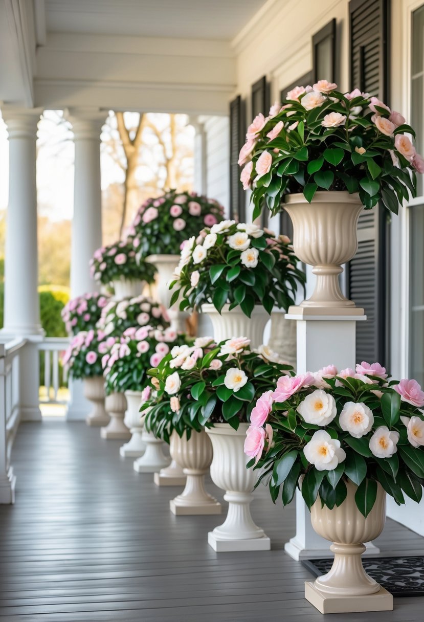 Fifteen pedestal planters with blooming camellia plants arranged on a front porch.