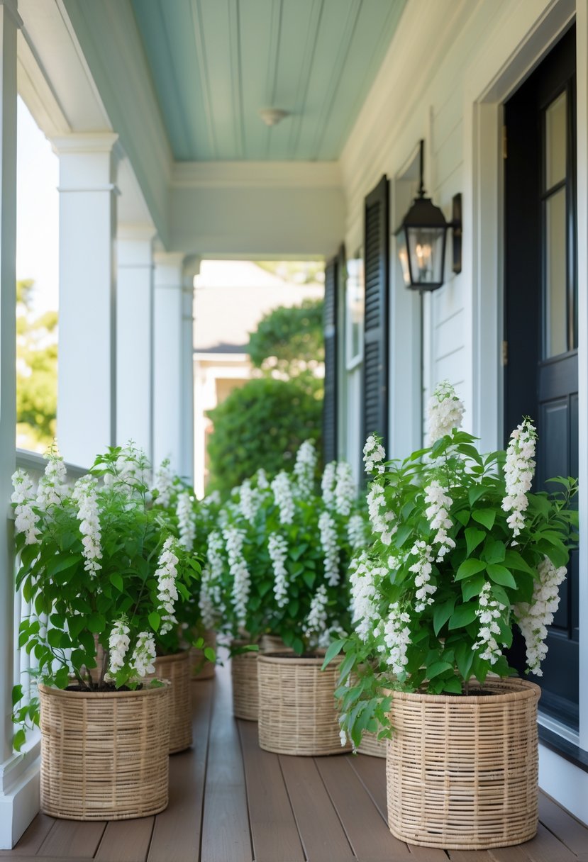 Fifteen trailing jasmine plants in woven rattan baskets displayed on a front porch.