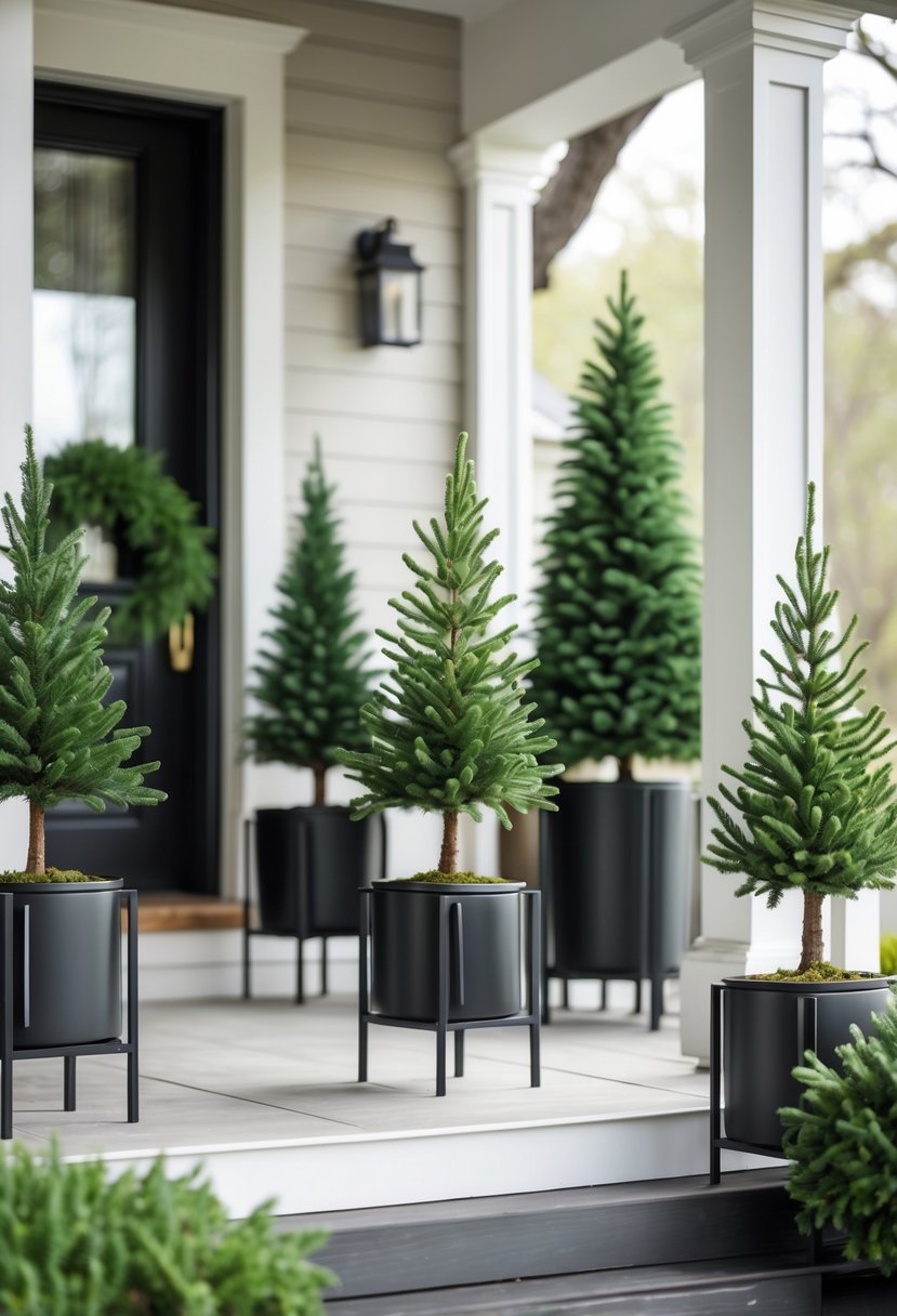 Multiple miniature pine trees in iron planter stands arranged on a front porch.