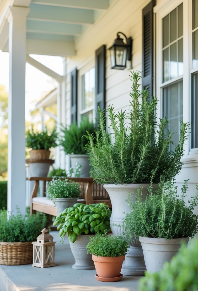 A front porch with multiple potted plants including rosemary and thyme herbs arranged neatly on and around a wooden bench.
