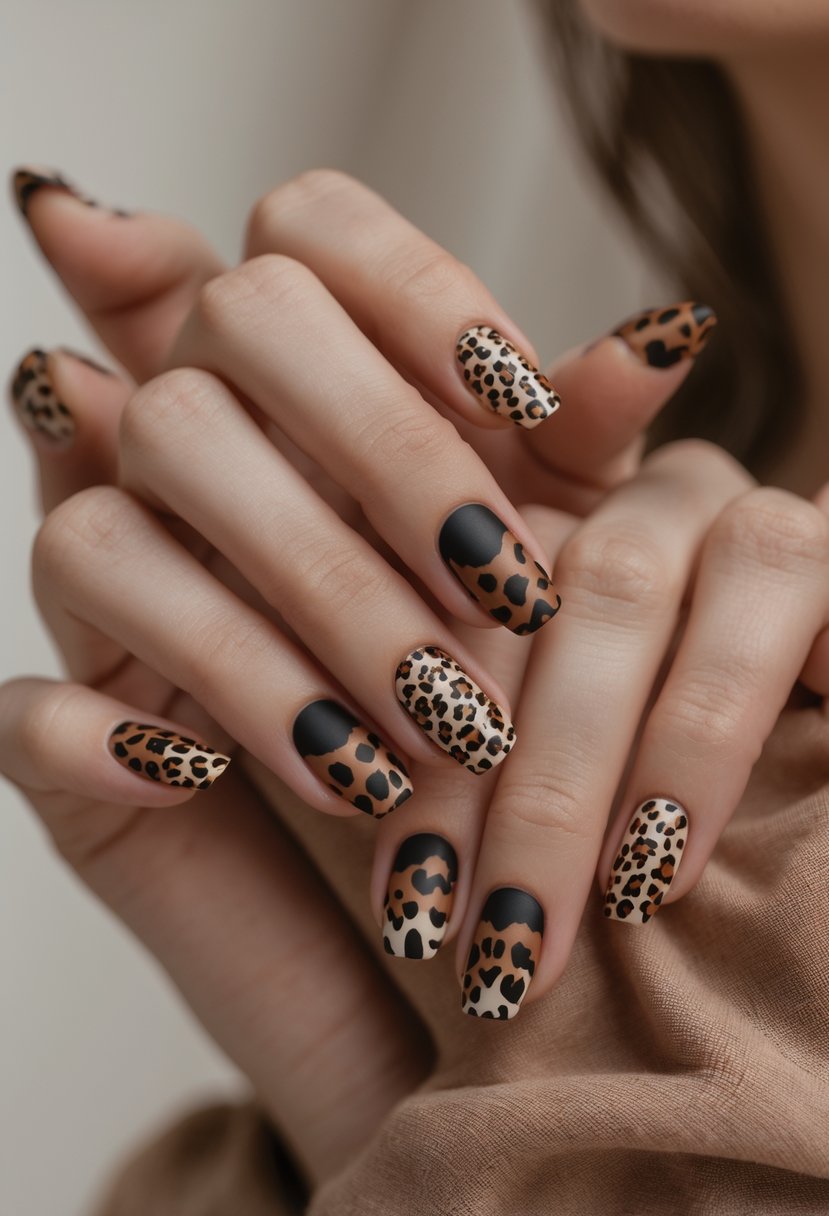 Close-up of a woman's hands showing 15 nails with leopard print designs in warm brown and black colors.