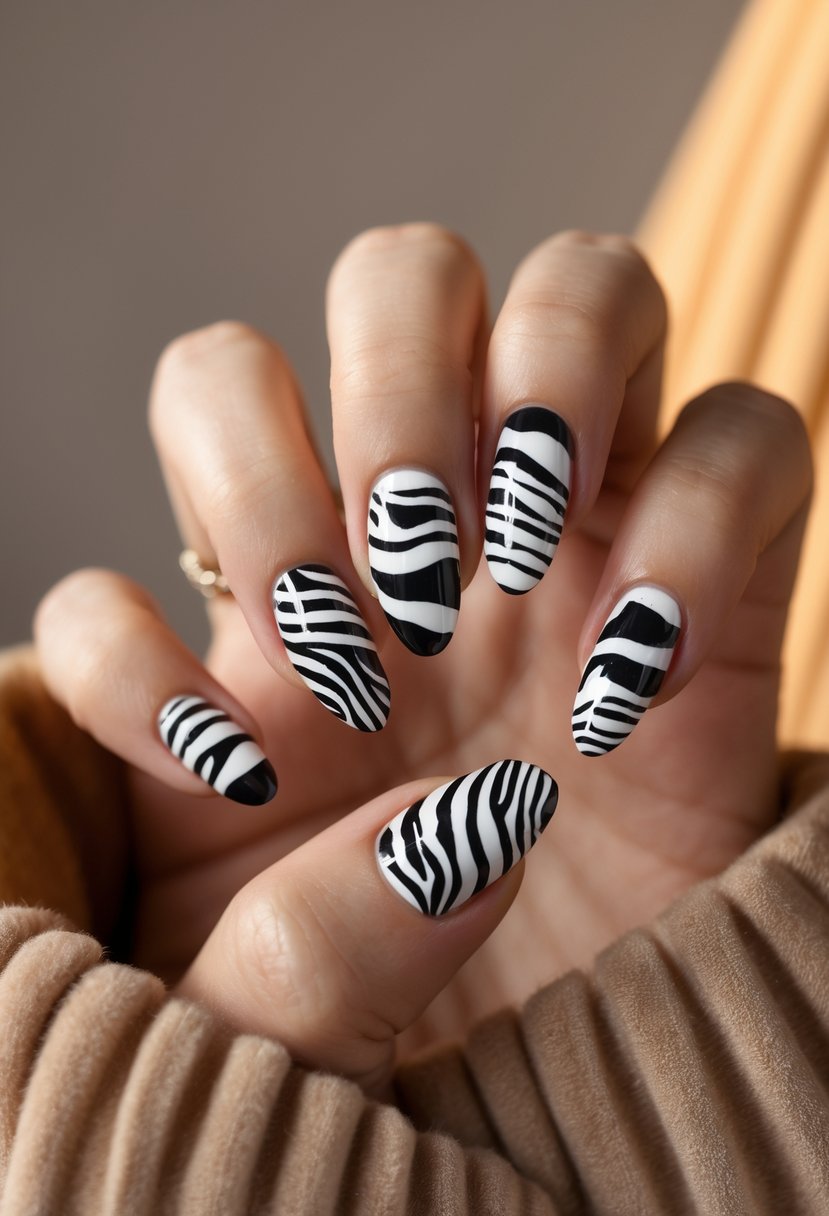 Close-up of a hand with almond-shaped nails decorated with black and white zebra stripe patterns.