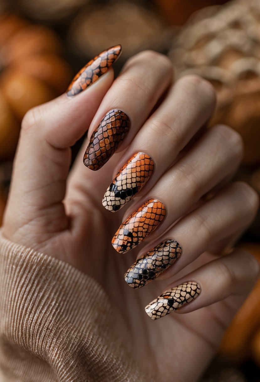 Close-up of a hand with 15 fall-themed animal print nails featuring detailed snakeskin texture in warm brown and orange tones.