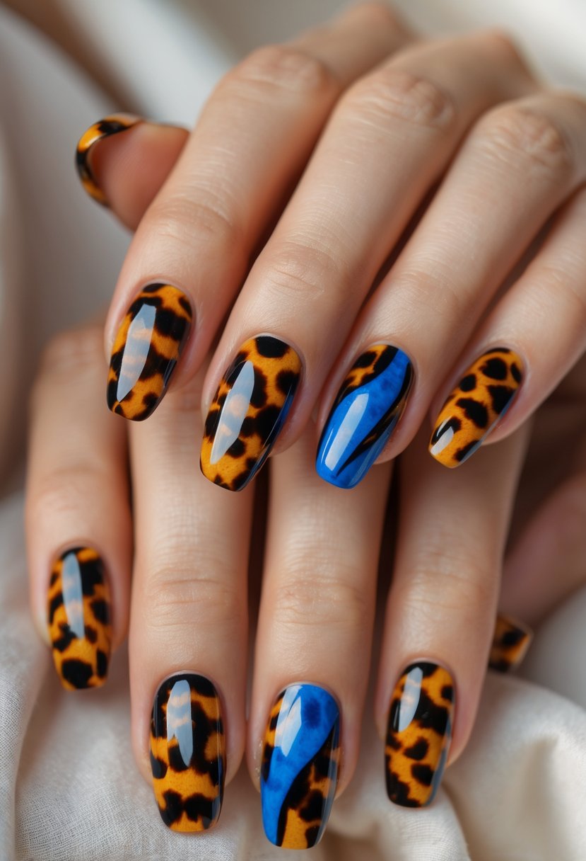 Close-up of a hand with 15 nails painted in tortoise shell patterns with blue accents.