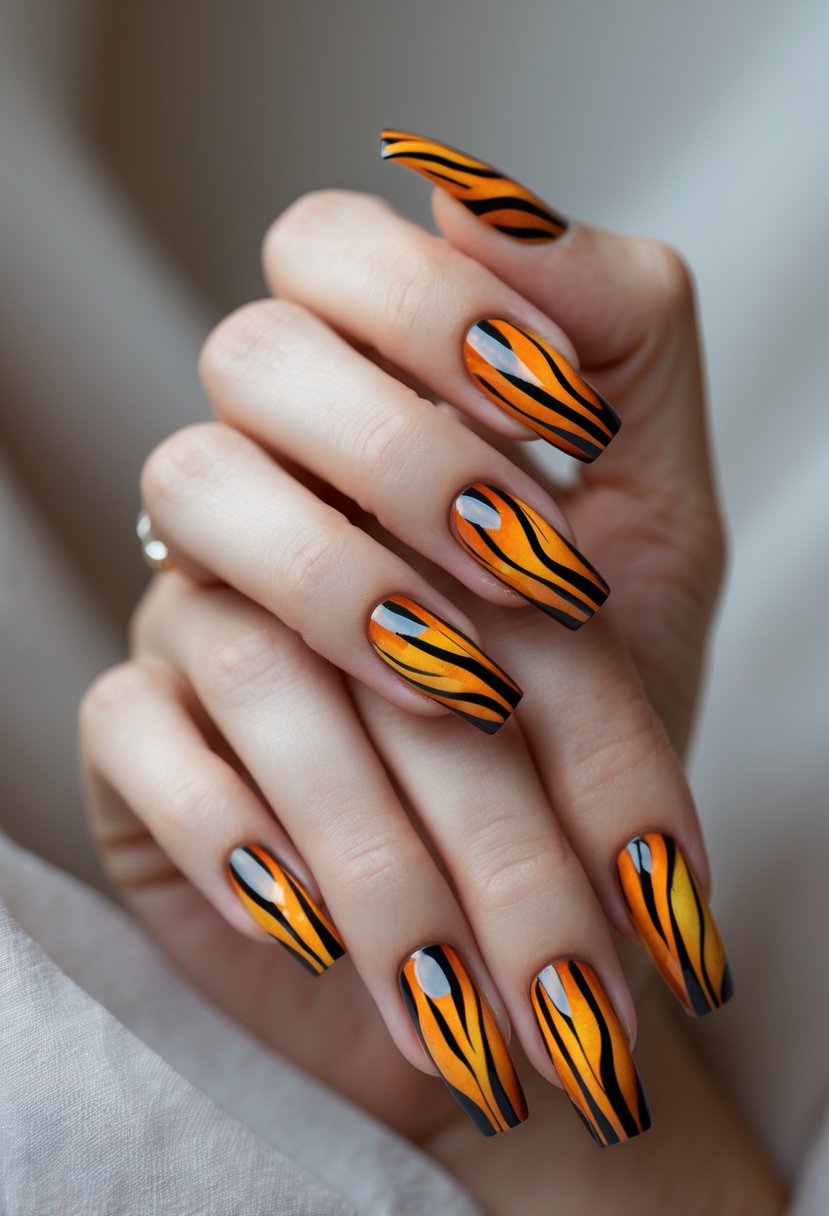Close-up of a hand showing nails with tiger stripe French tip designs in fall colors.