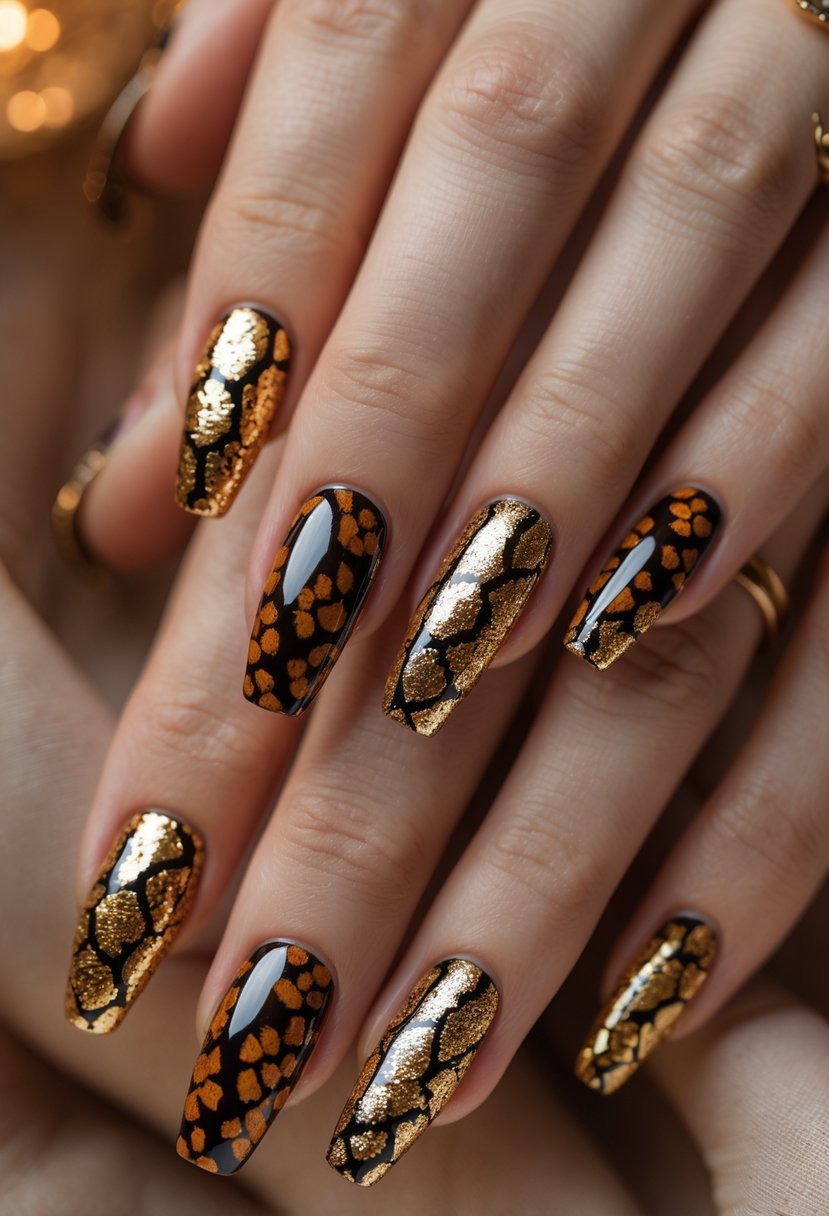 Close-up of hands with glossy snake print nails featuring gold foil accents in warm fall colors.