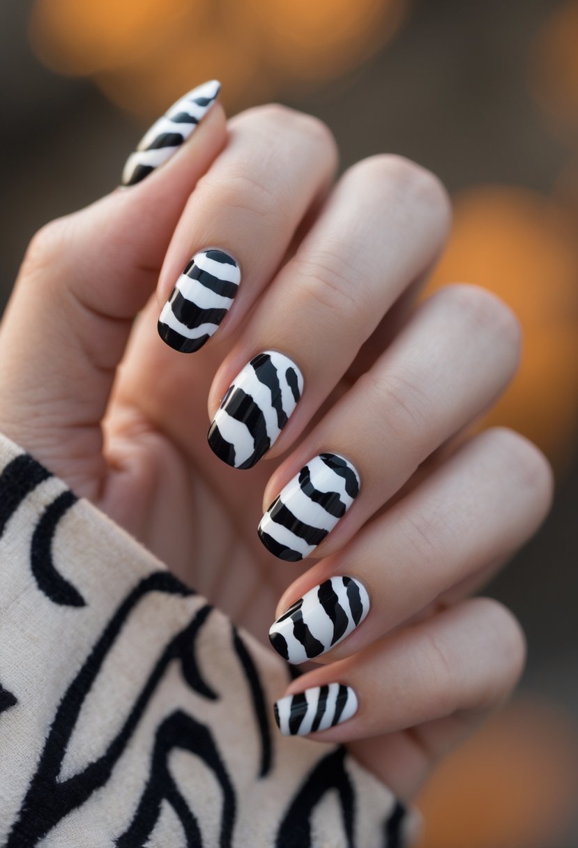 Close-up of a hand with short nails painted in black and white zebra print design.