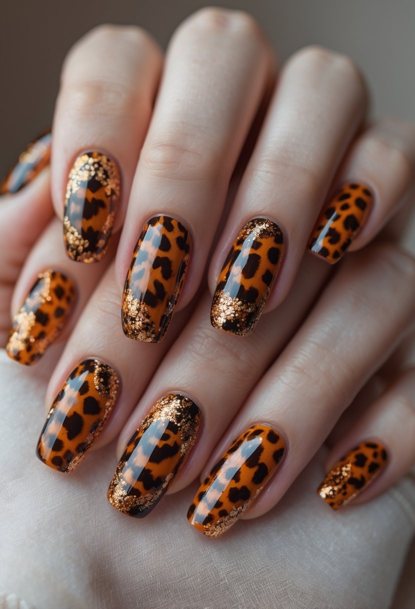 Close-up of hands with nails painted in warm brown and orange leopard print patterns.
