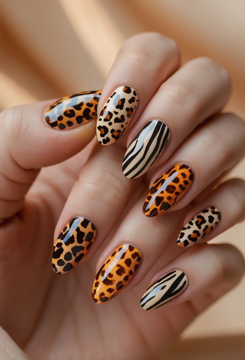Close-up of a hand with almond-shaped nails featuring various animal print designs in fall colors.