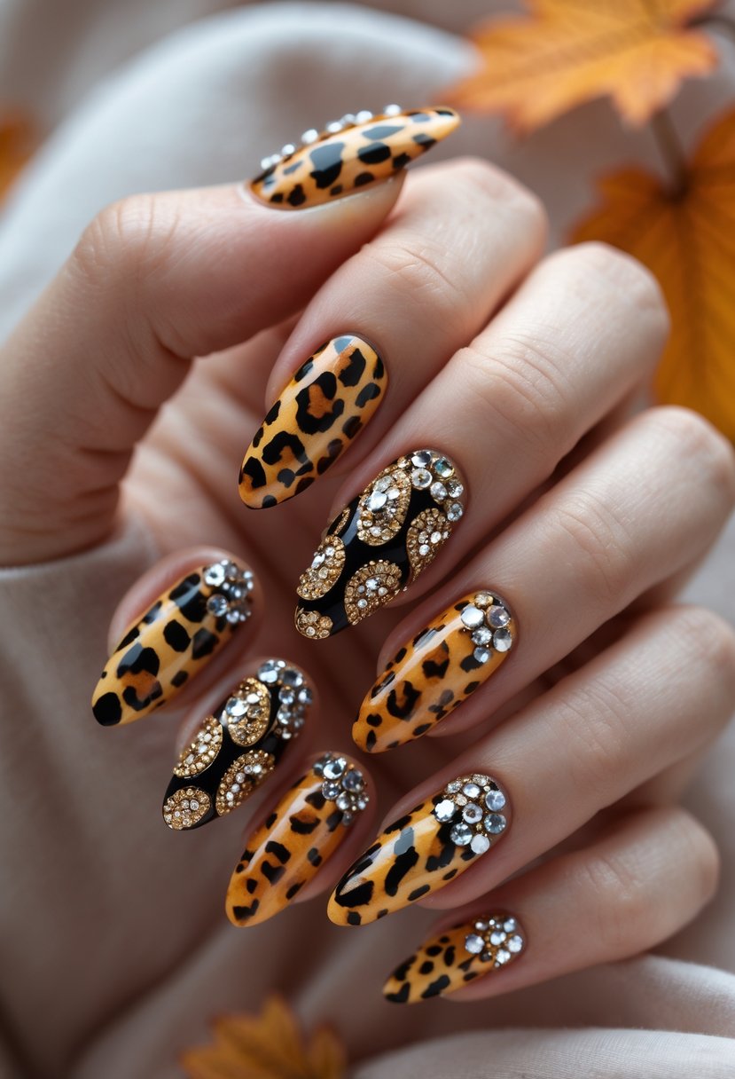A close-up of a hand with 15 fall-themed animal print nails decorated with rhinestones.
