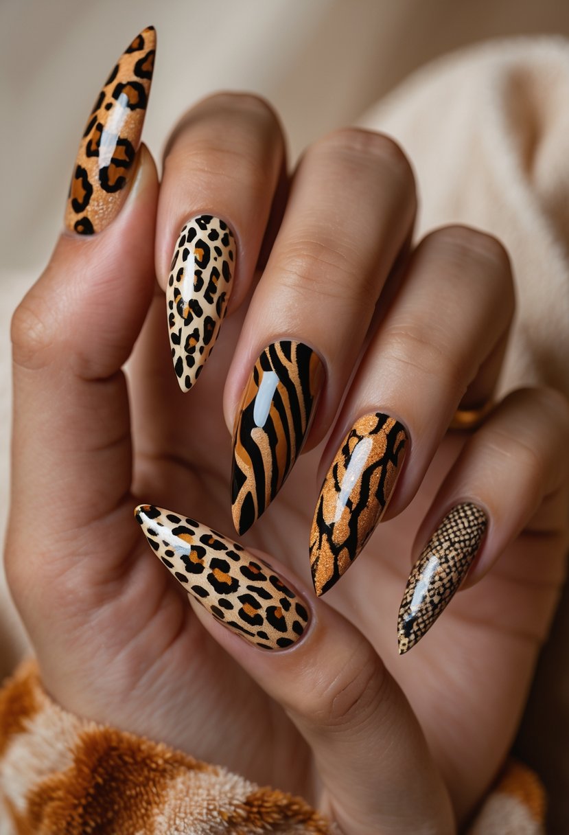 Close-up of a hand with long stiletto nails featuring various animal print designs in fall colors.