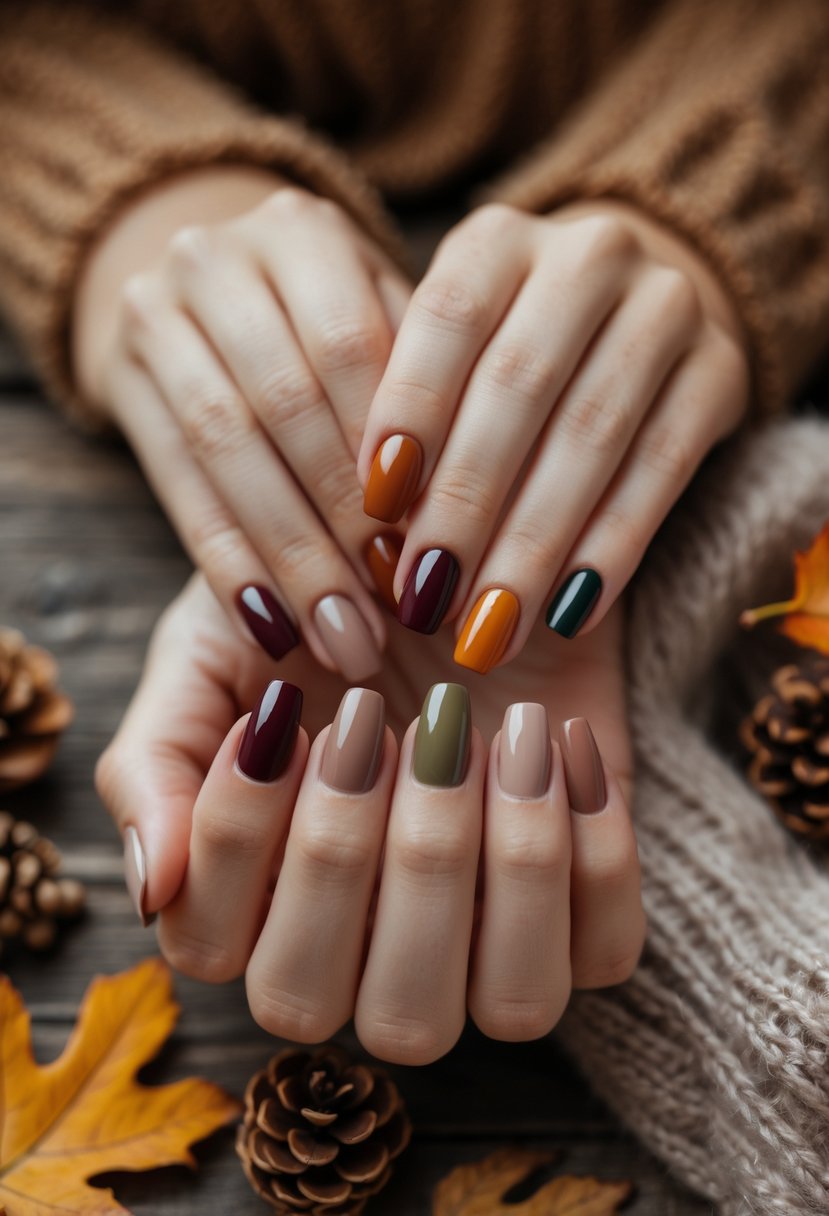 Close-up of a woman's hands showing 18 different fall-colored nail polishes with autumn leaves and cozy elements in the background.