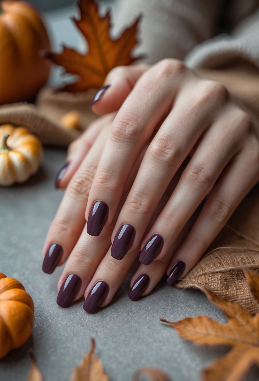 Close-up of a woman's hands with dark purple nail polish resting on an autumn-themed surface with dried leaves and small pumpkins.
