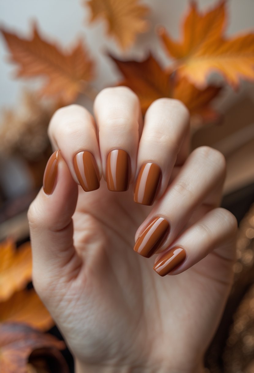 Close-up of hands with caramel-colored nail polish surrounded by autumn leaves.