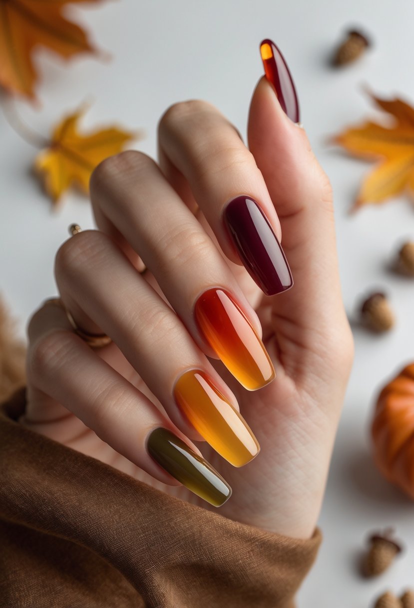 Close-up of a hand with translucent jelly nails in various fall colors against a soft background with autumn leaves.