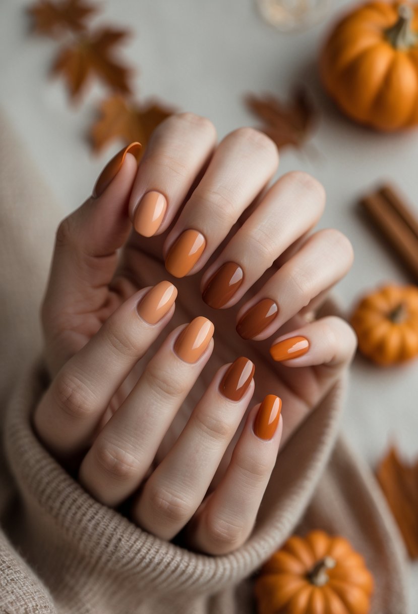 Close-up of hands with burnt orange colored nails surrounded by autumnal elements like dried leaves and small pumpkins.