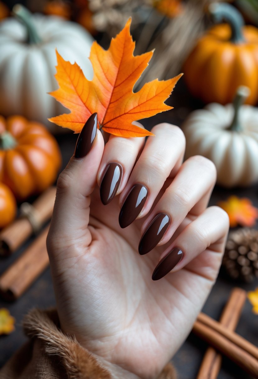 Close-up of hands with chocolate brown painted nails holding an autumn leaf surrounded by fall decorations.