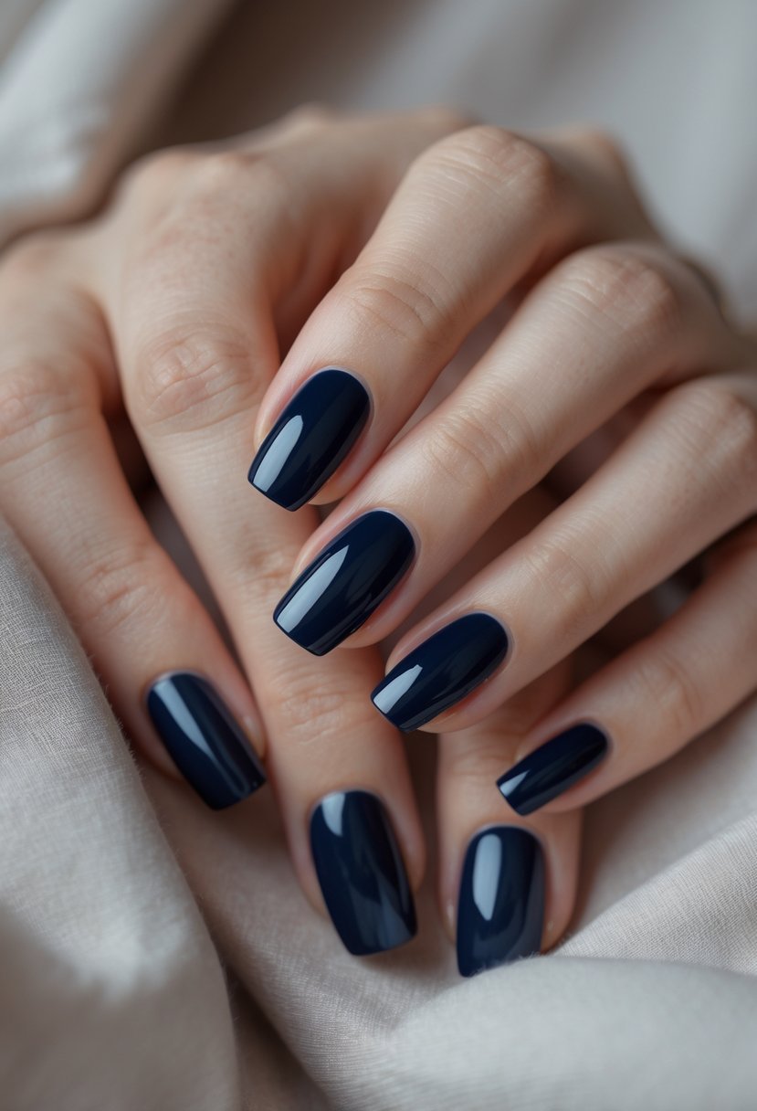 Close-up of hands with navy blue painted nails resting on a neutral fabric background.