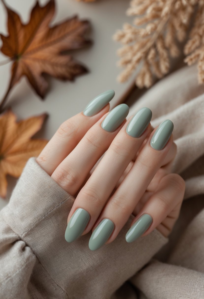 Close-up of hands with sage green polished nails surrounded by autumn leaves and warm natural textures.
