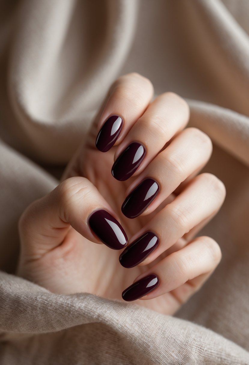 Close-up of a woman's hand with deep burgundy painted nails resting on a soft fabric background.
