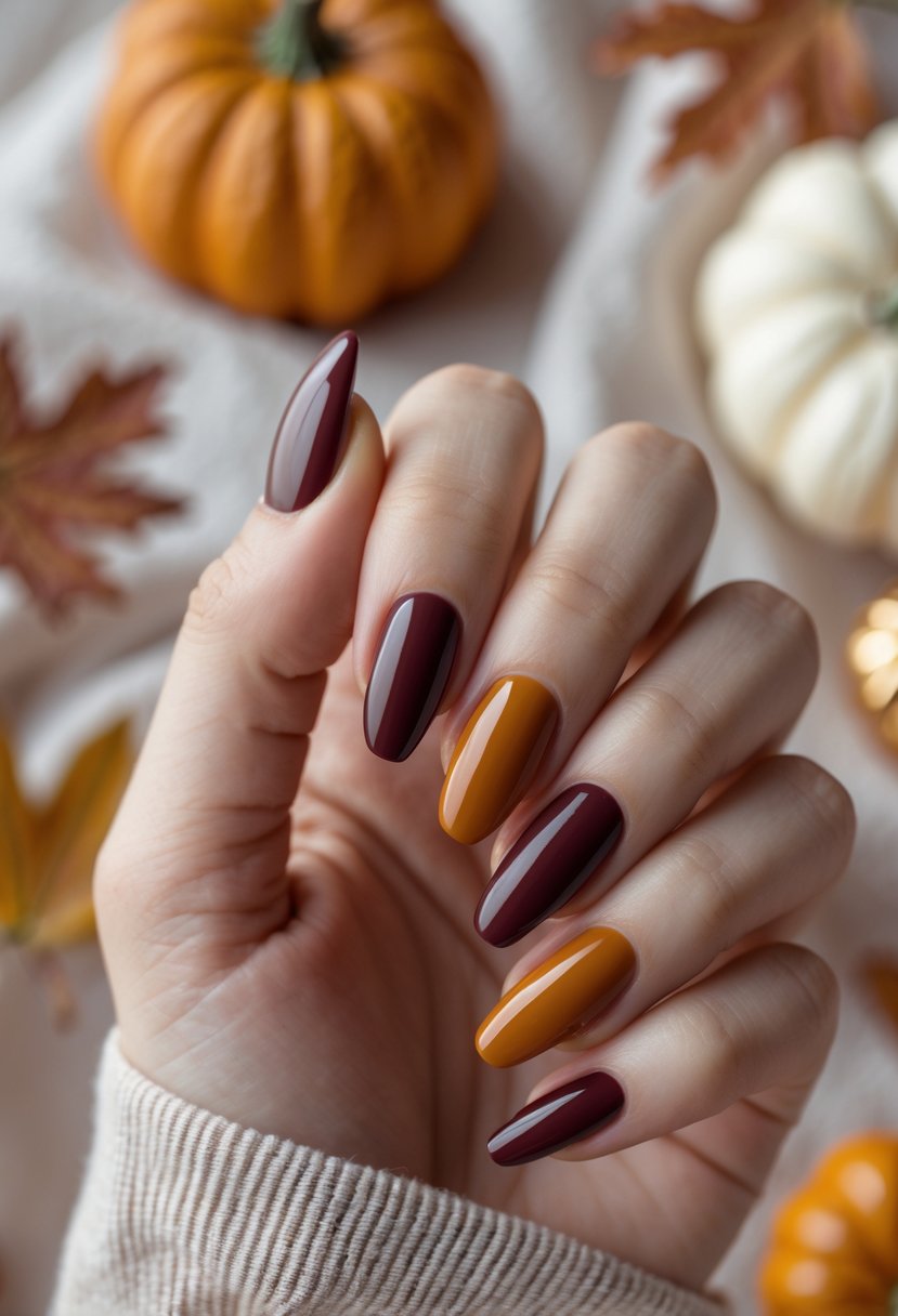 Close-up of a hand with glossy gel-finished nails in warm fall colors against a soft background with autumn elements.